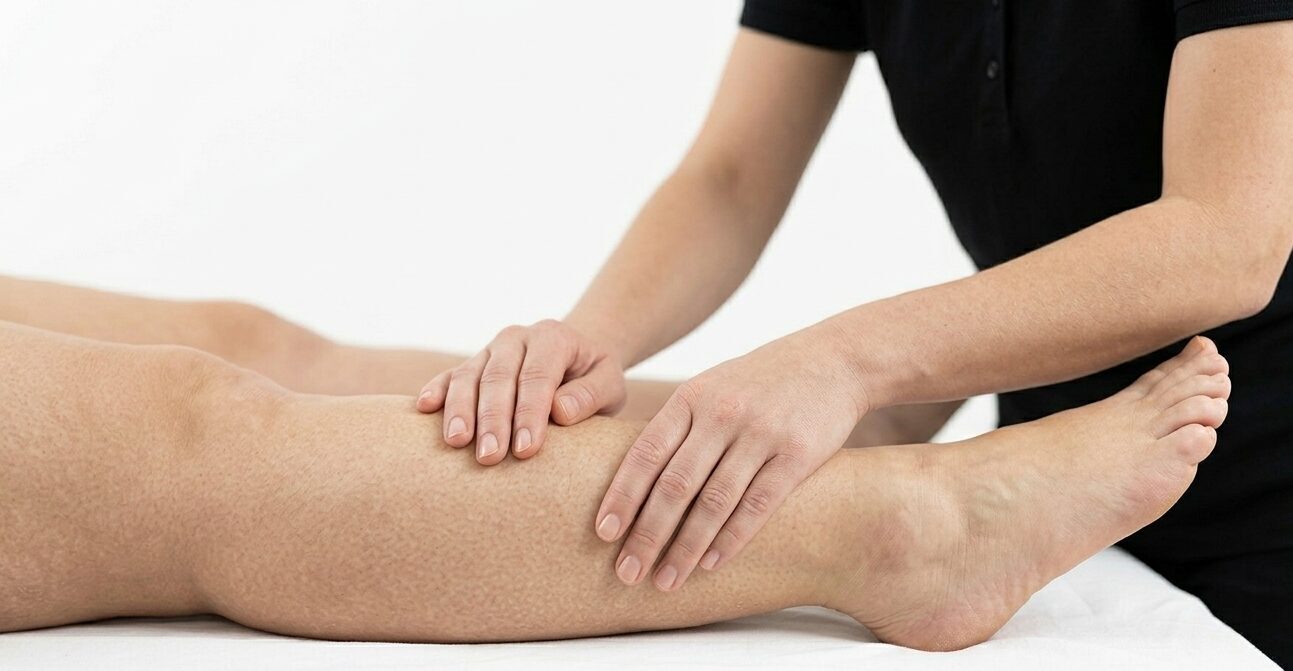 Therapeut führt manuelle Lymphdrainage am Unterschenkel durch, um Schwellungen zu reduzieren und den Lymphfluss zu fördern