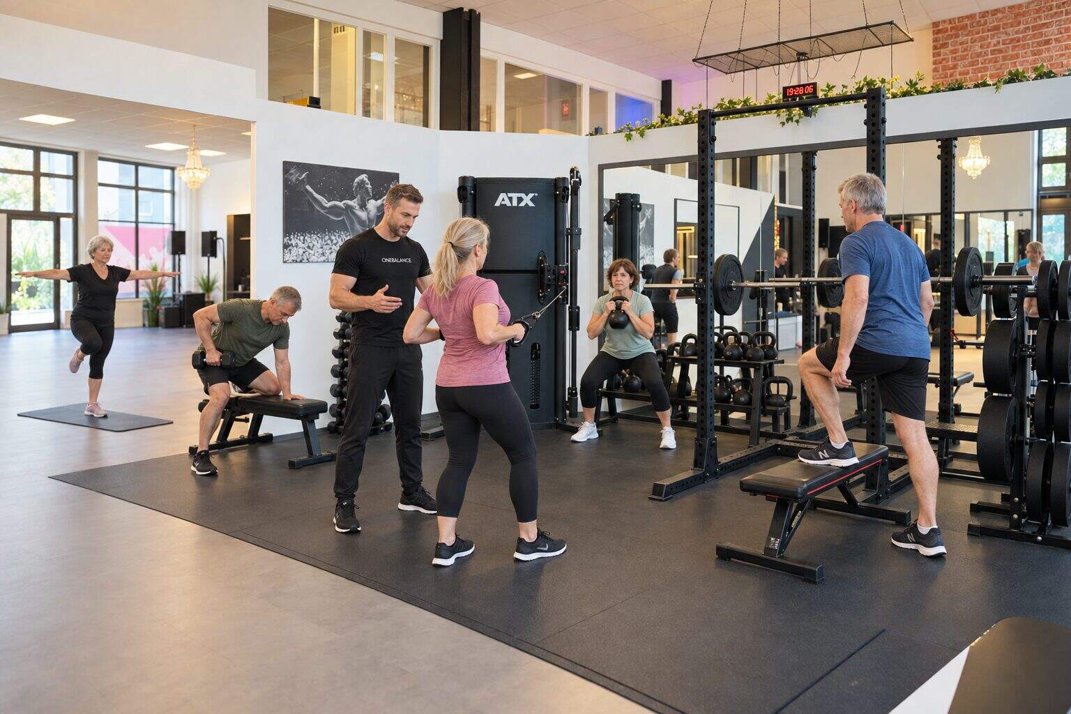 Fitness-Rehatraining in Karlsruhe: Trainer betreut Gruppe beim Kraft- und Stabilitätstraining im Fitnessstudio